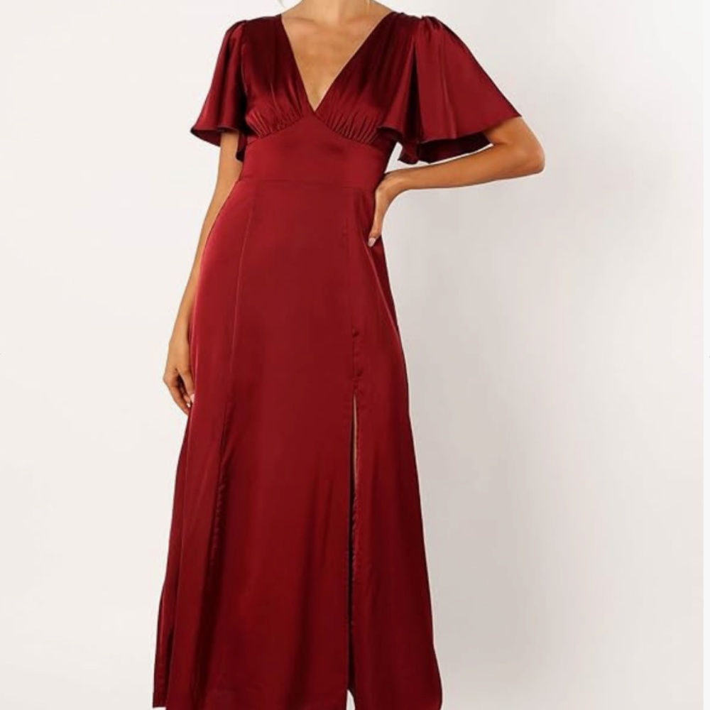 Petal & pup satin vneck flutter sleeve side slit maxi dress nwot
